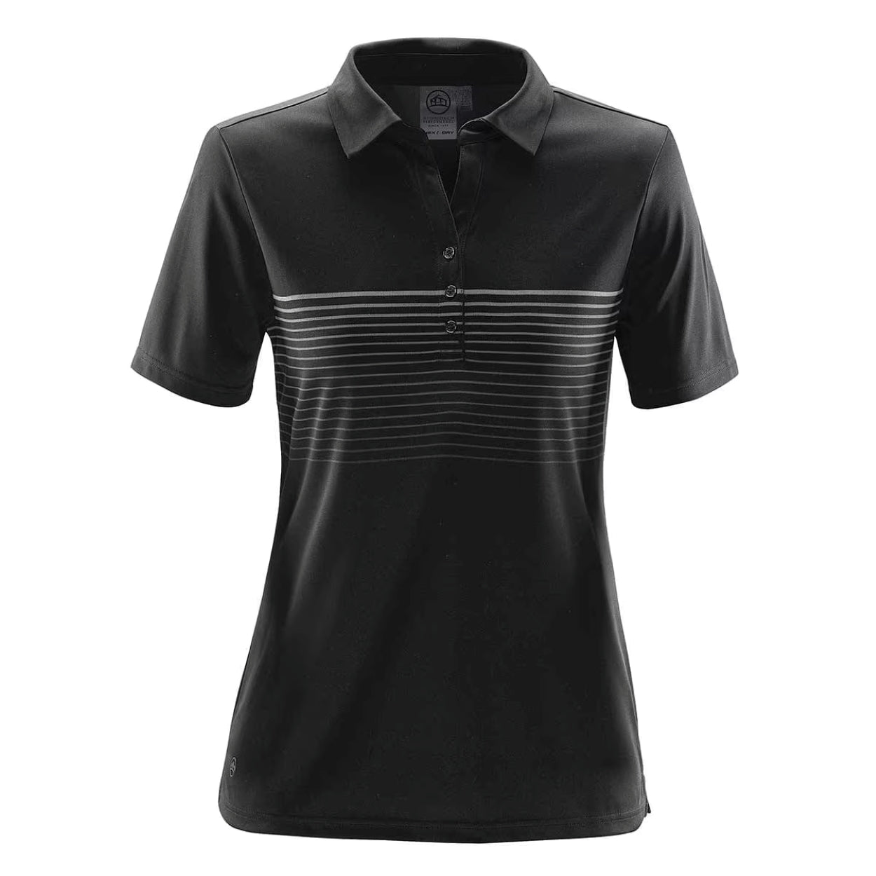 Black polo shirt with titanium grey stripes on a white background