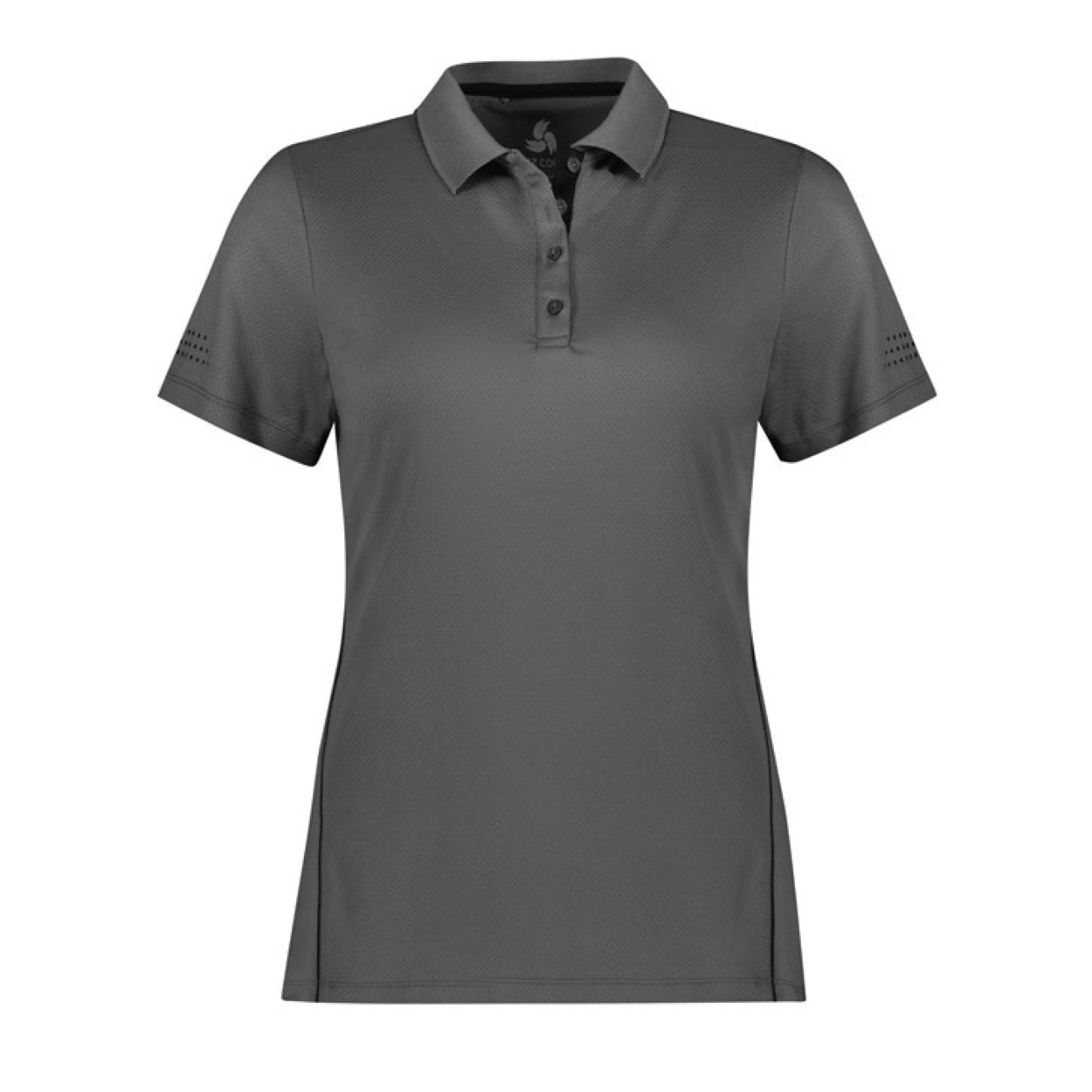 Ash grey polo shirt with black accents on a white background