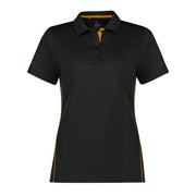 Black polo shirt with gold yellow accents on a white background