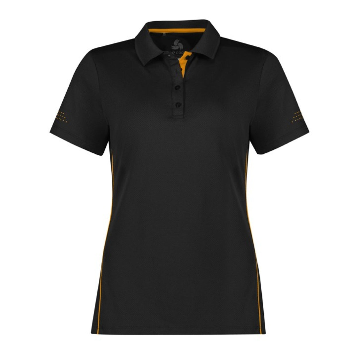Black polo shirt with gold yellow accents on a white background
