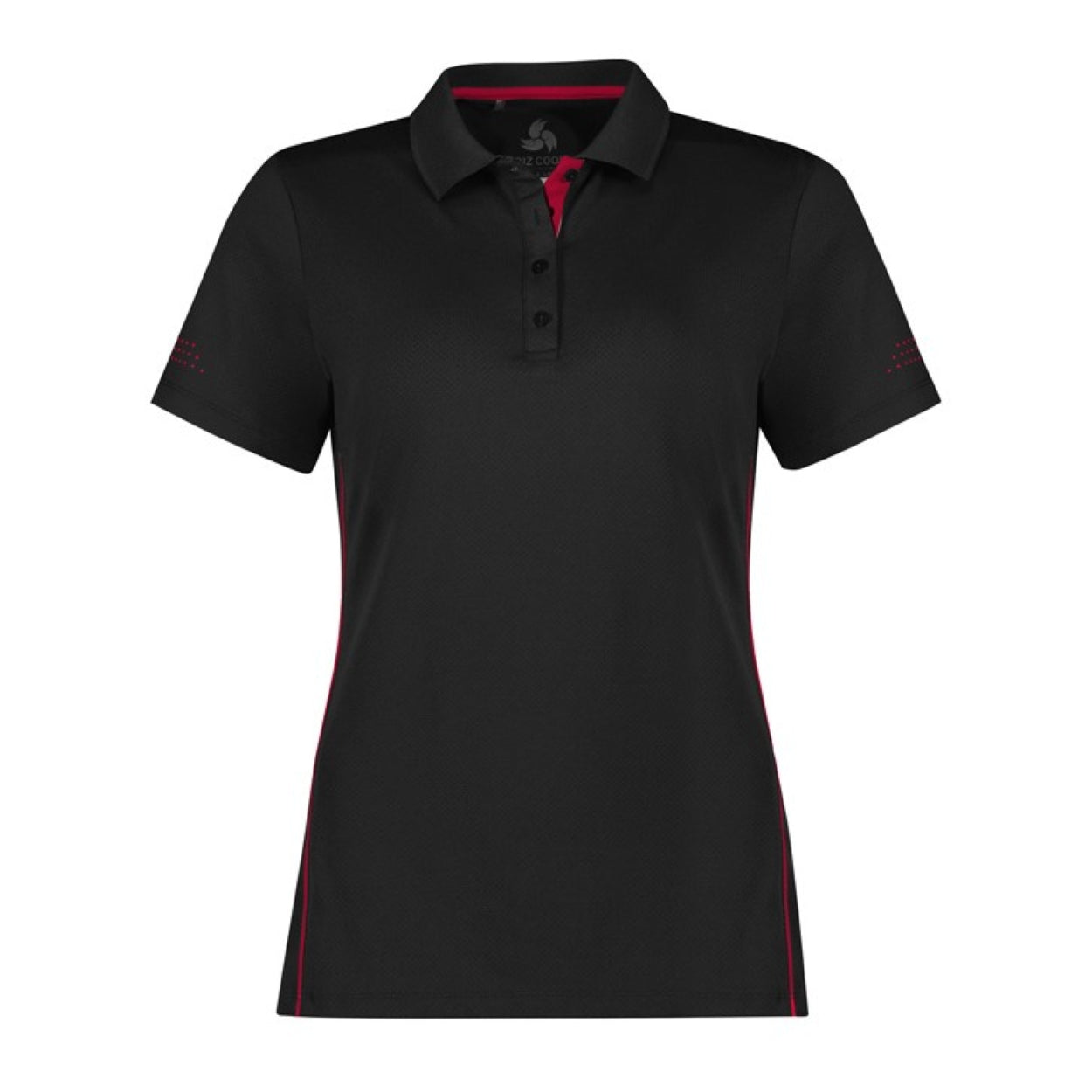 Black polo shirt with red accents on a white background