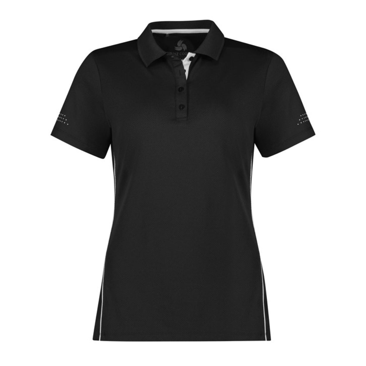Black polo shirt with white accents on a white background