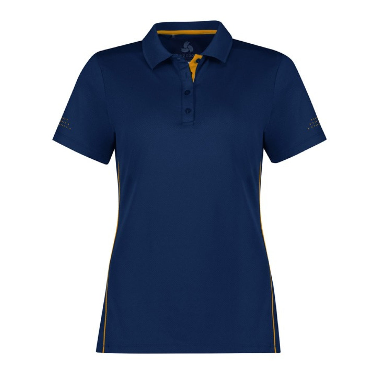 Navy blue polo shirt with gold yellow accents on a white background
