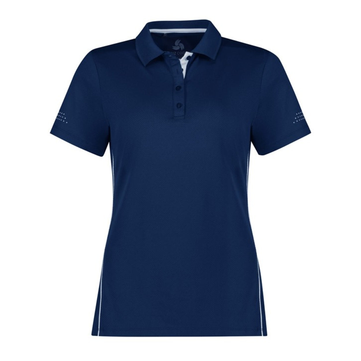 Navy blue polo shirt with white accents on a white background