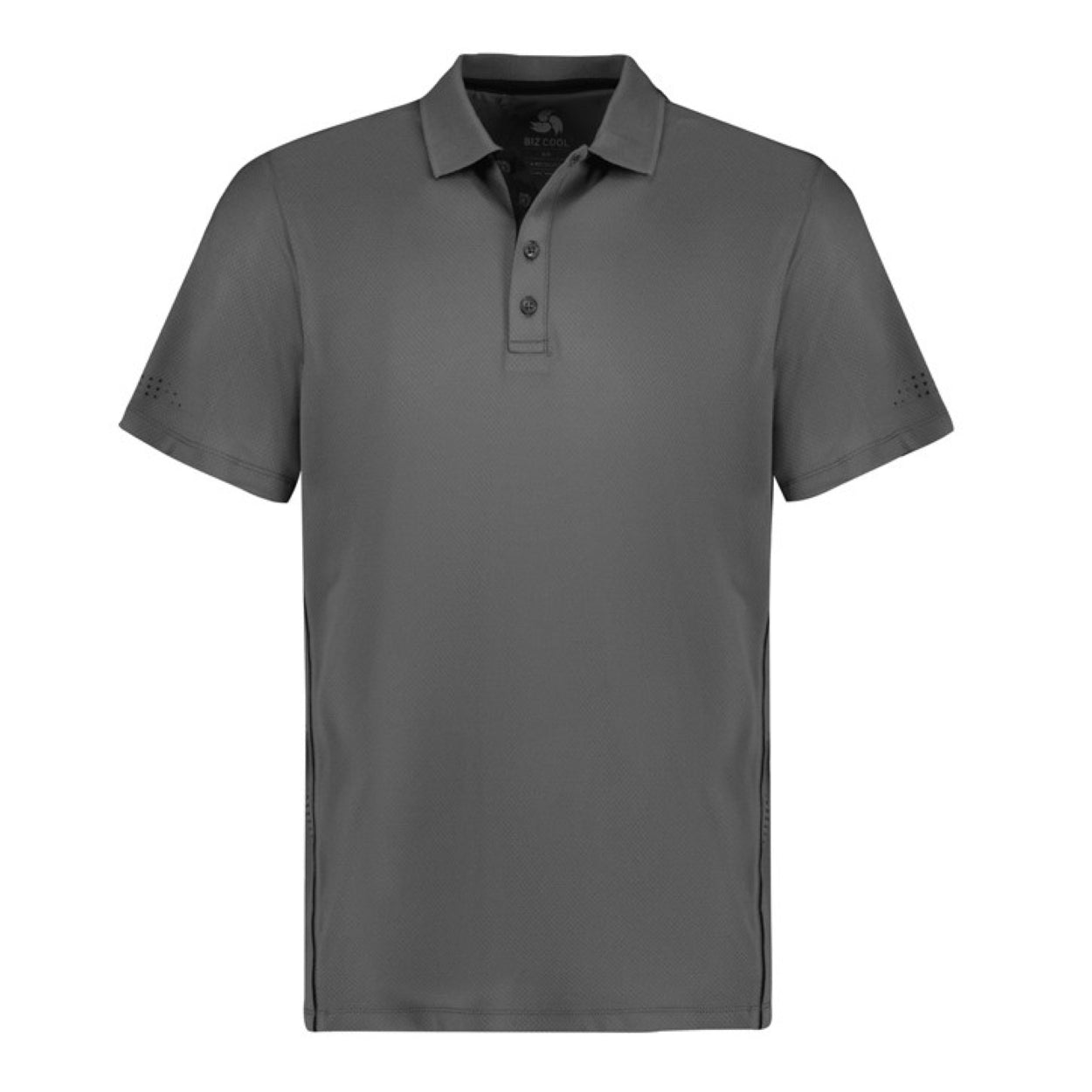 Ash grey polo shirt with black accents on a white background