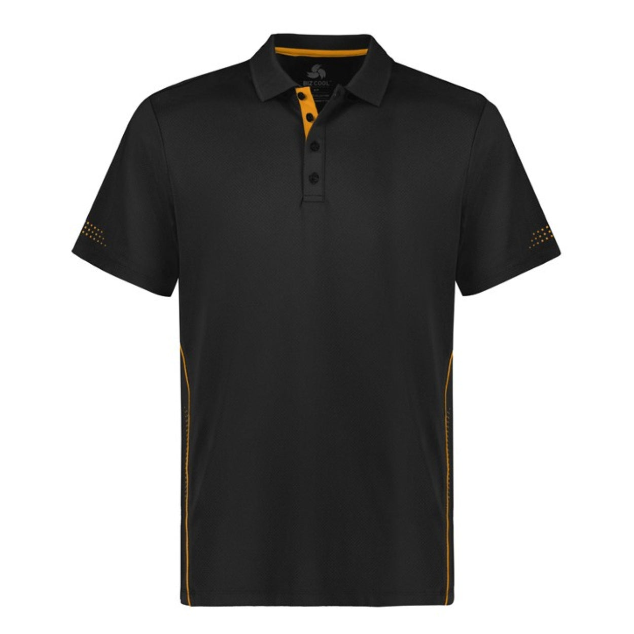 Black polo shirt with gold yellow accents on a white background
