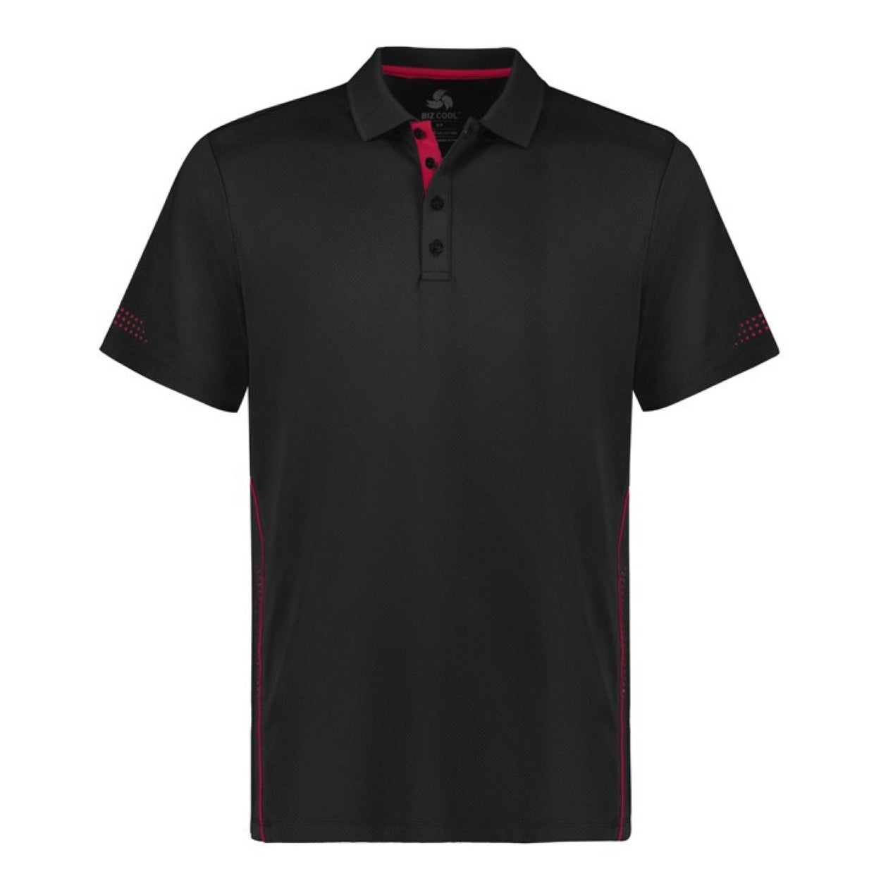 Black polo shirt with red accents on a white background