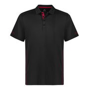 Black polo shirt with red accents on a white background