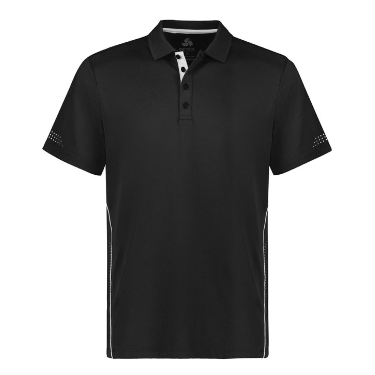 Black polo shirt with white accents on a white background