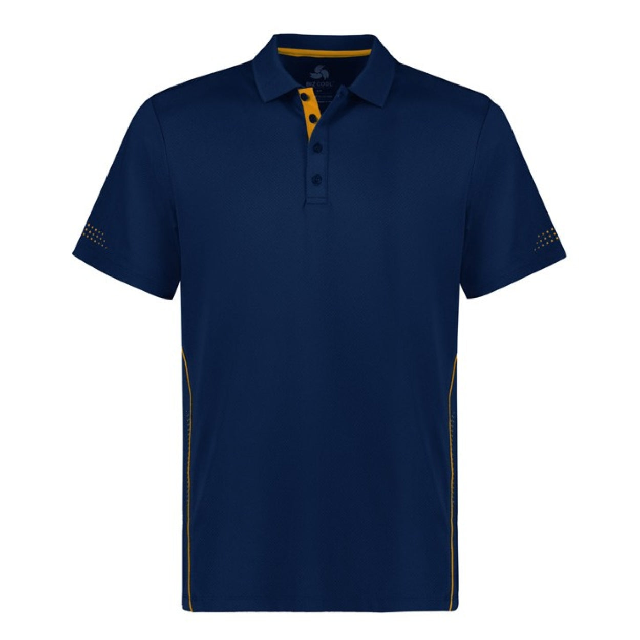 Navy blue polo shirt with gold yellow accents on a white background