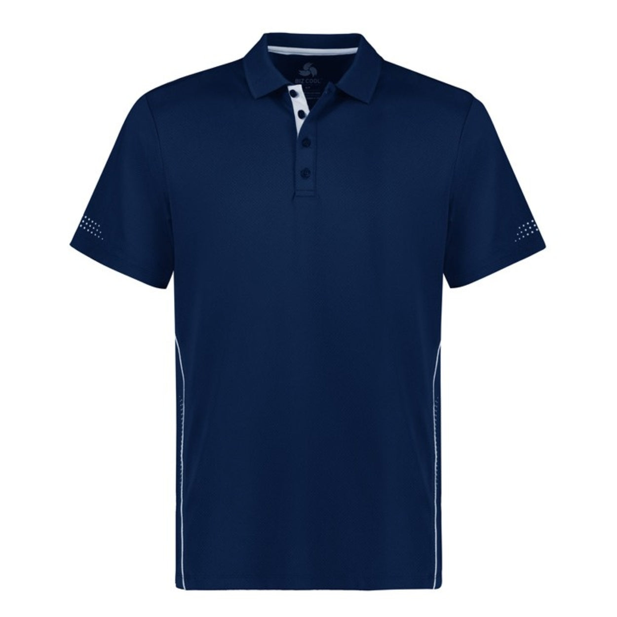 Navy blue polo shirt with white accents on a white background