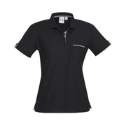 Black polo shirt with checkered accents on a white background