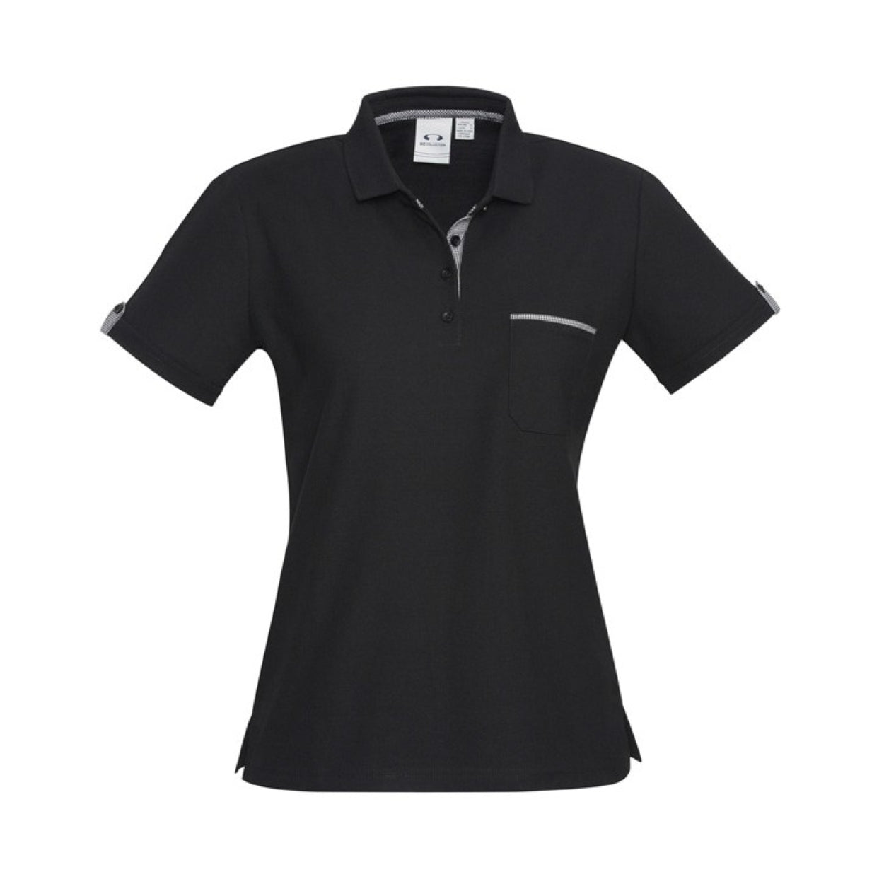 Black polo shirt with checkered accents on a white background