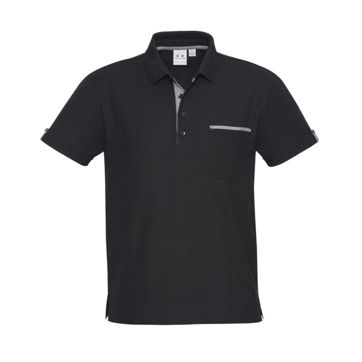 Black polo shirt with checkered accents on a white background