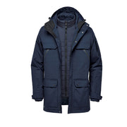 Navy hybrid coat on a white background