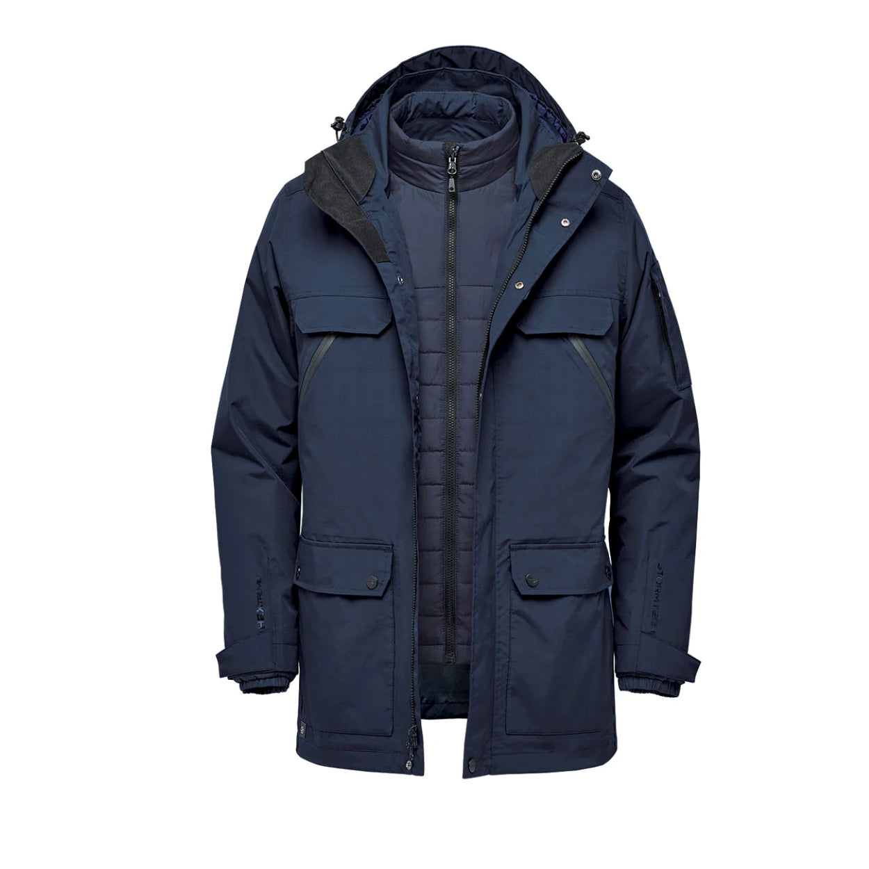 Navy hybrid coat on a white background