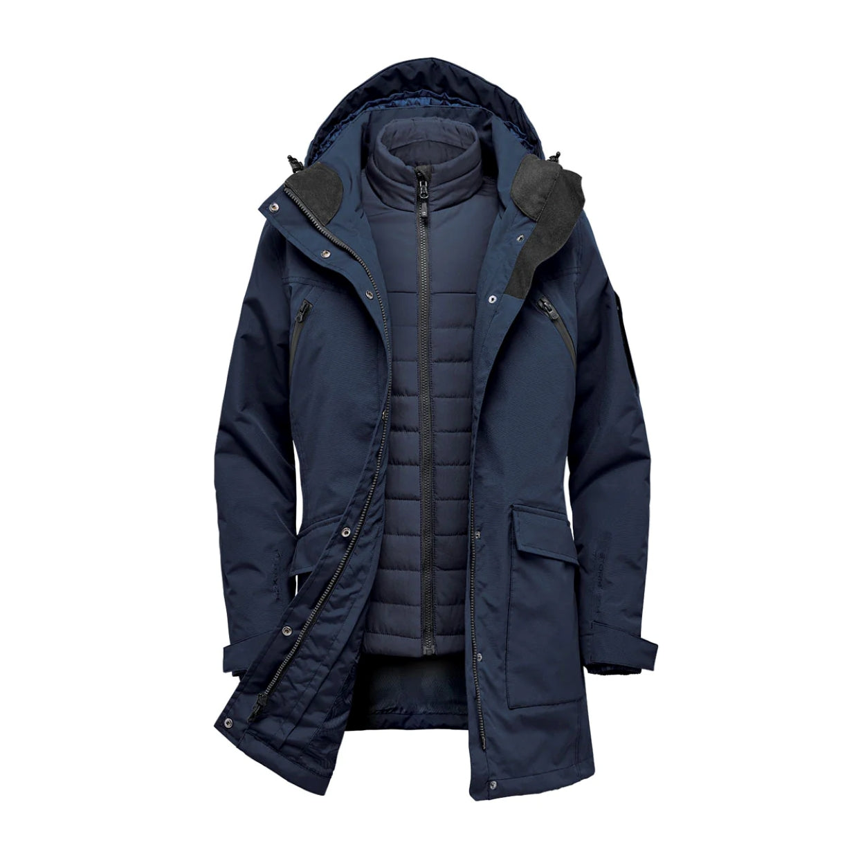 Navy hybrid coat on a white background