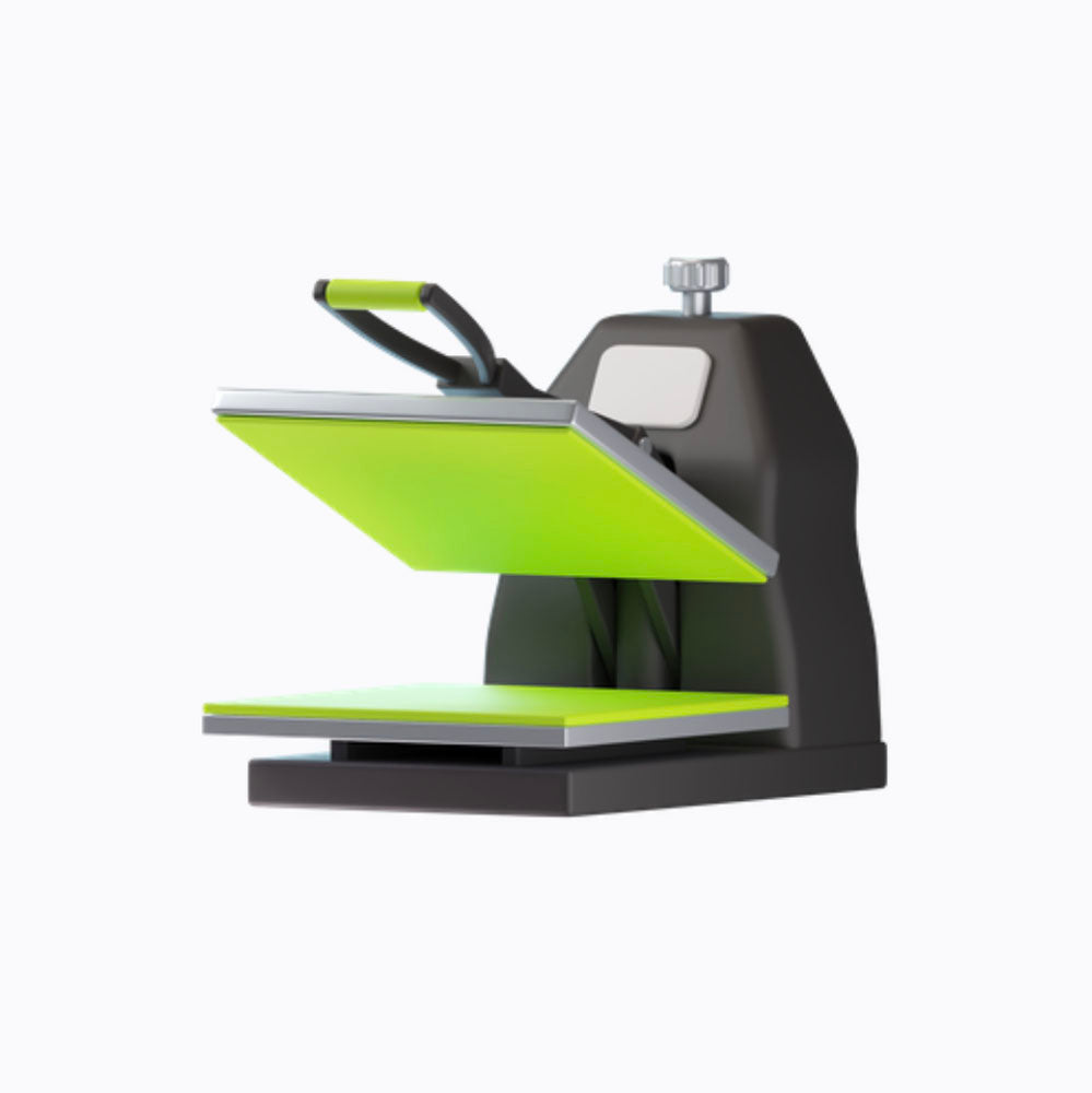Heat press machine with green and black design on a white background