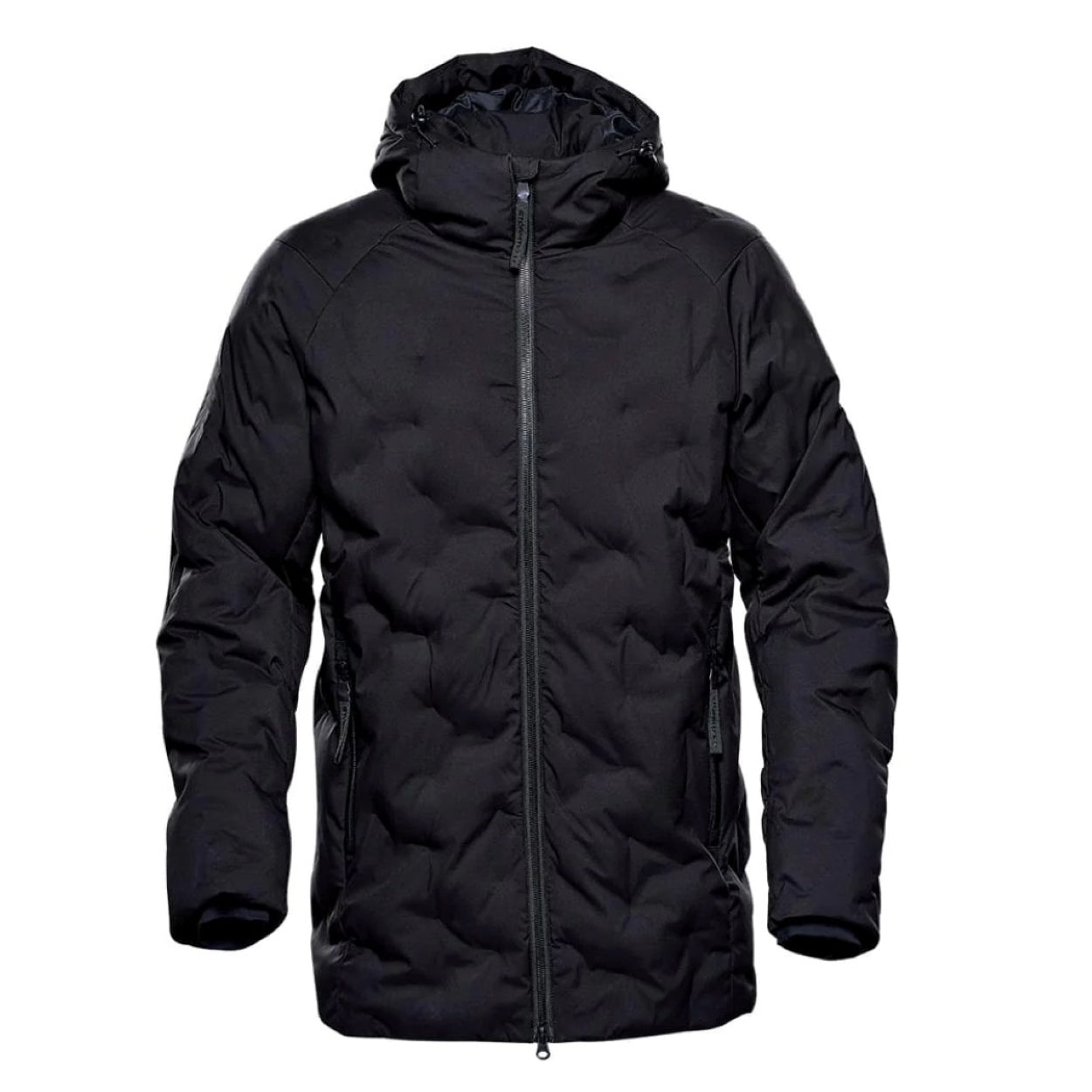 Black parka with hood on a white background