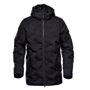 Black parka with hood on a white background