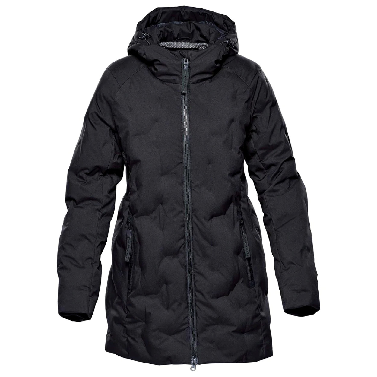 Black parka with hood on a white background