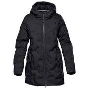 Black parka with hood on a white background