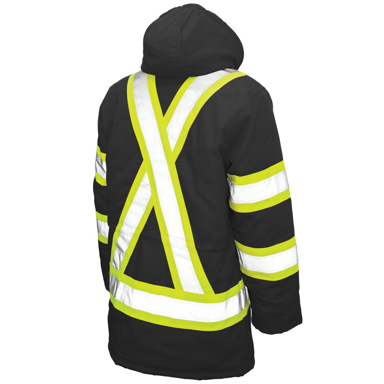 Hi-vis black winter coat on a white background