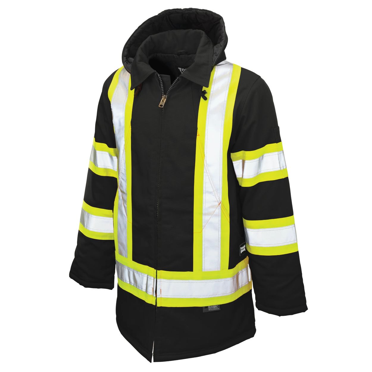 Hi-vis black winter coat on a white background