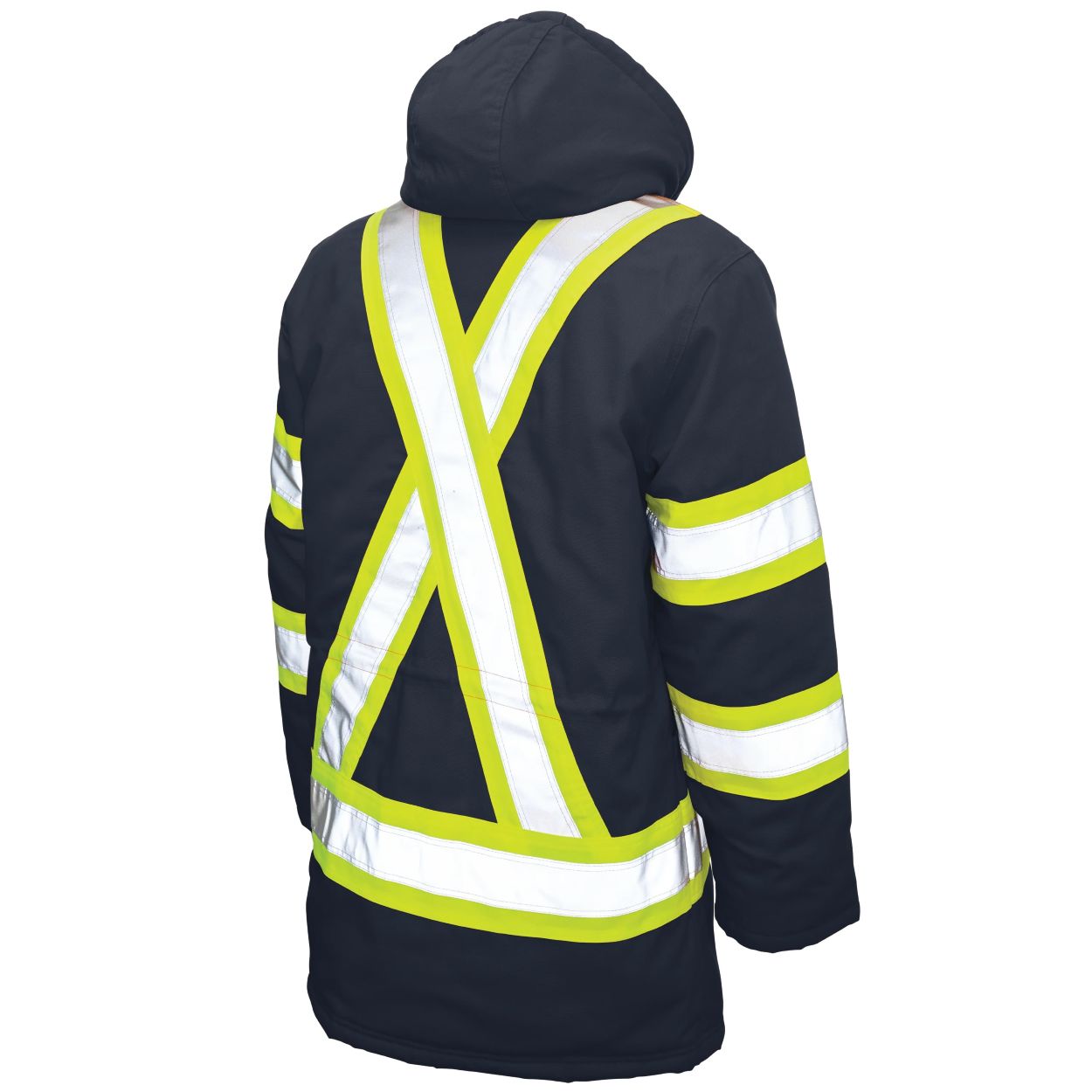 Hi-vis navy winter coat on a white background