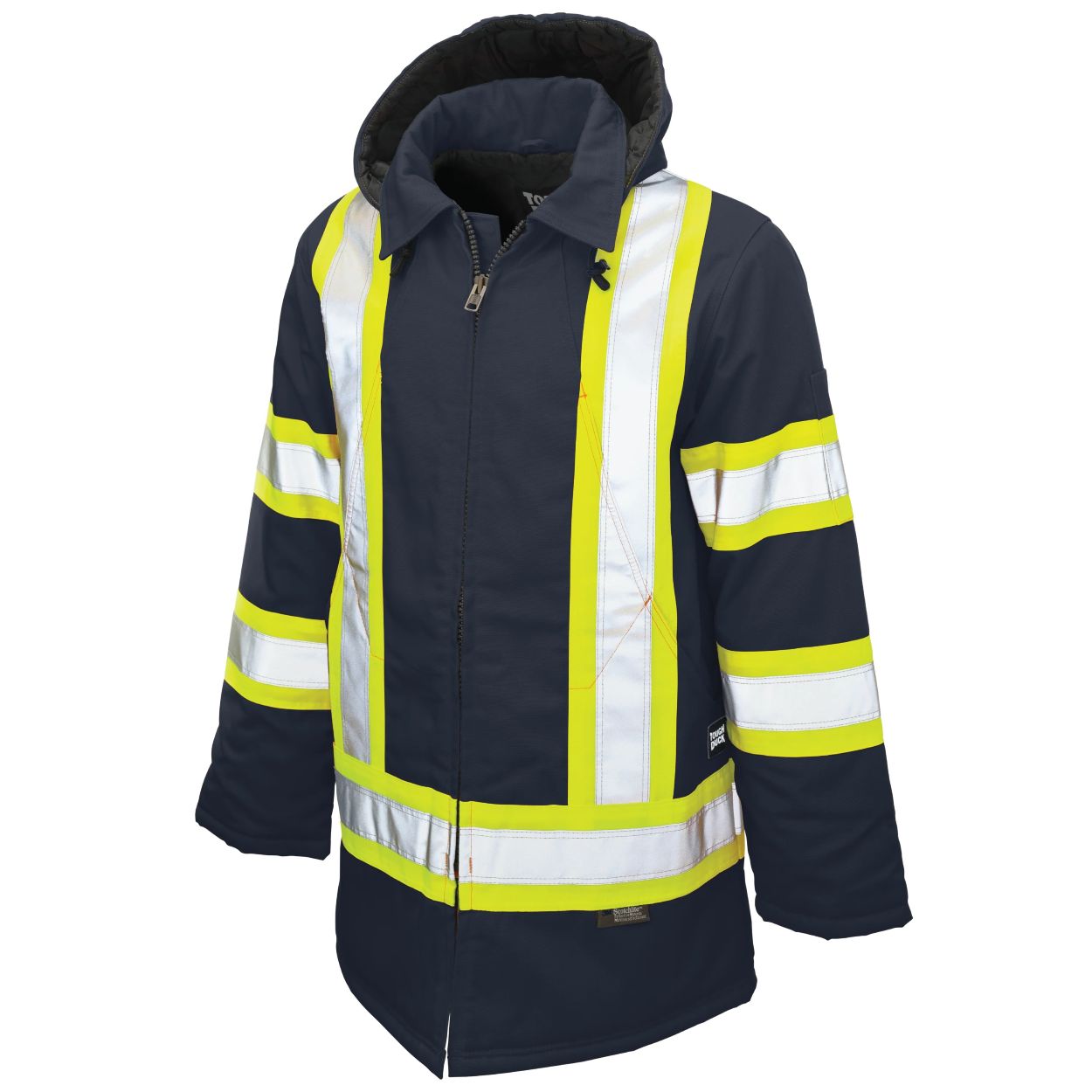 Hi-vis navy winter coat on a white background
