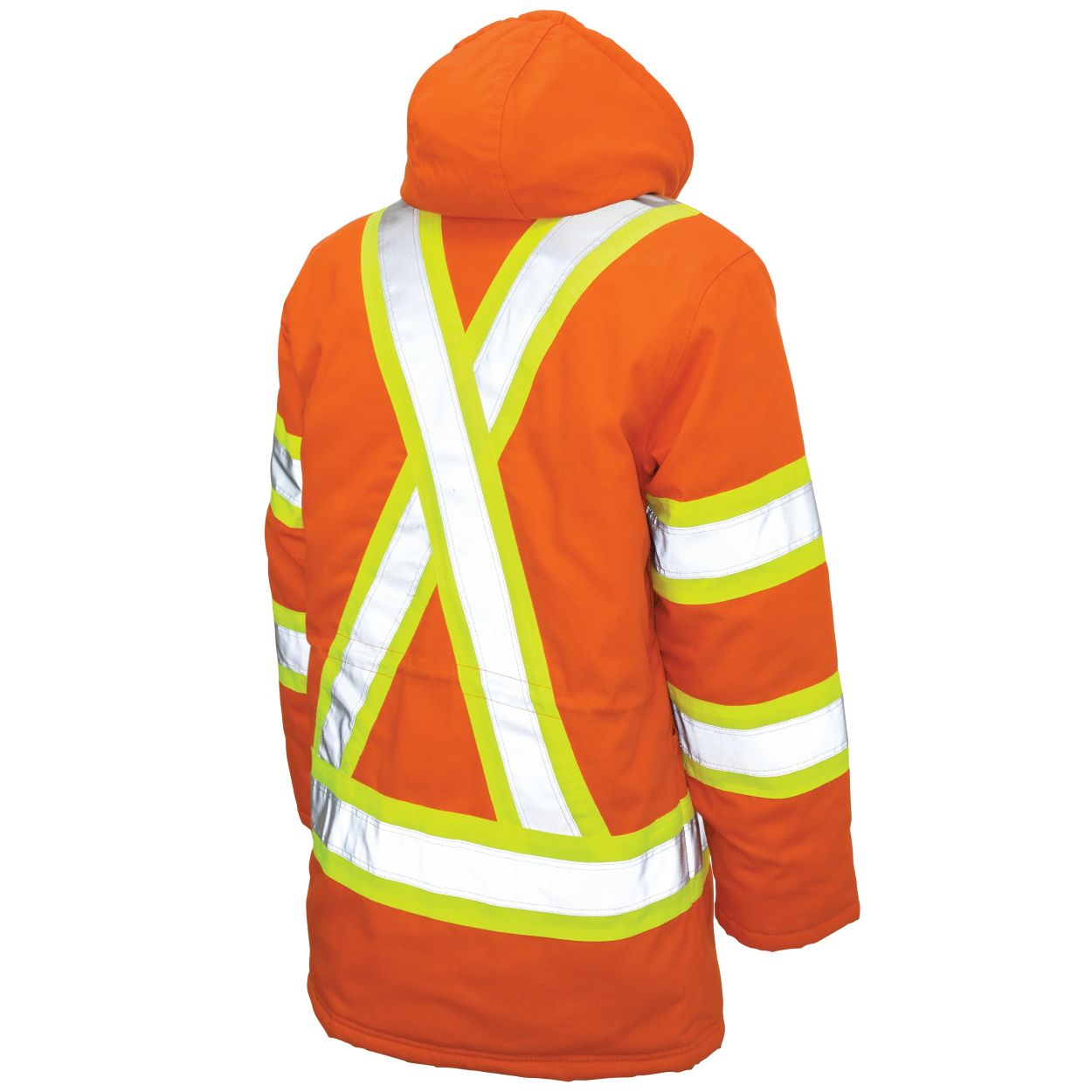 Hi-vis orange winter coat on a white background