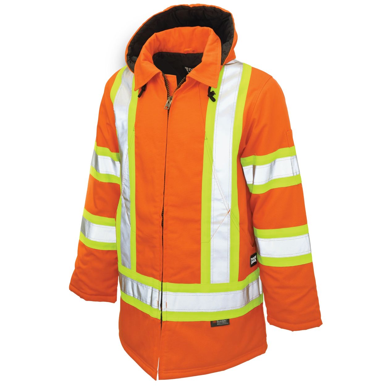 Hi-vis orange winter coat on a white background