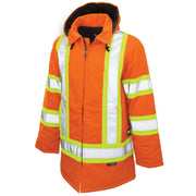 Hi-vis orange winter coat on a white background