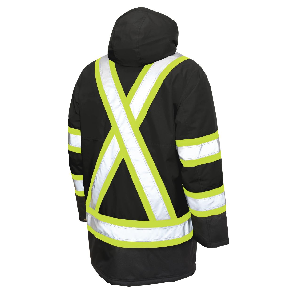 Hi-vis black winter coat on a white background