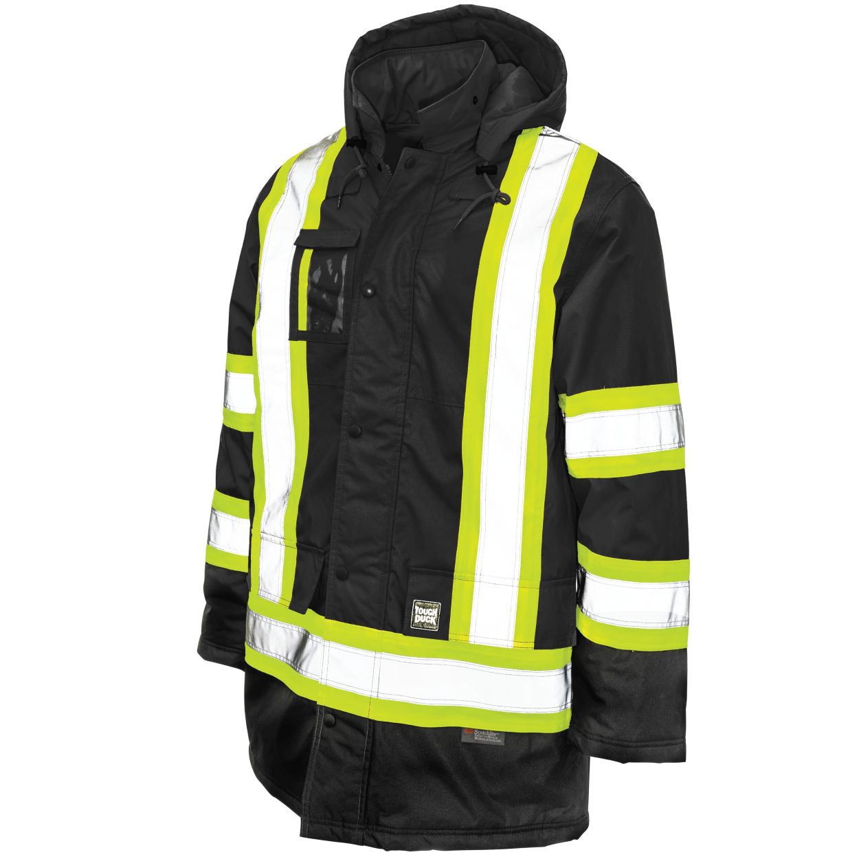 Hi-vis black winter coat on a white background