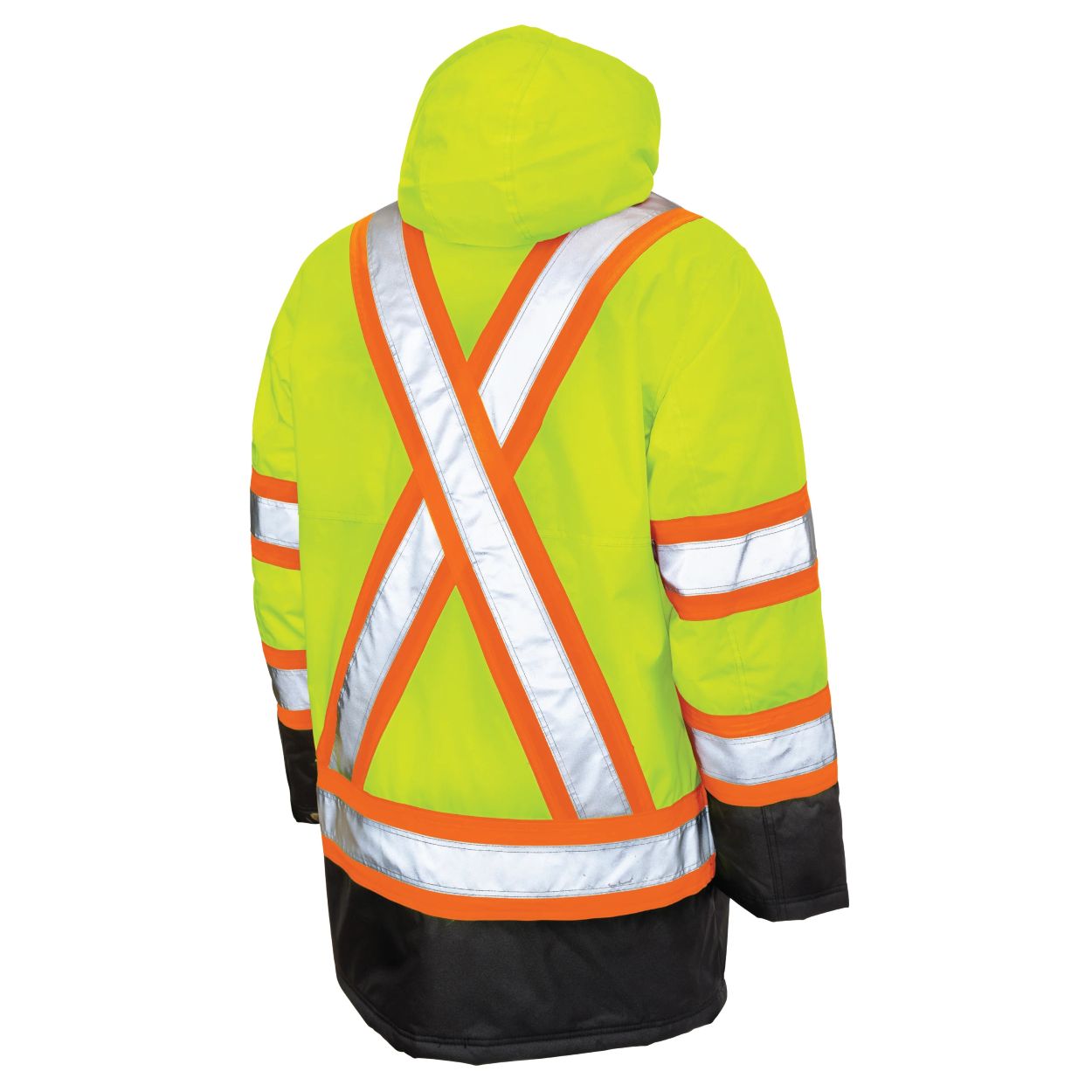 Hi-vis green winter coat on a white background