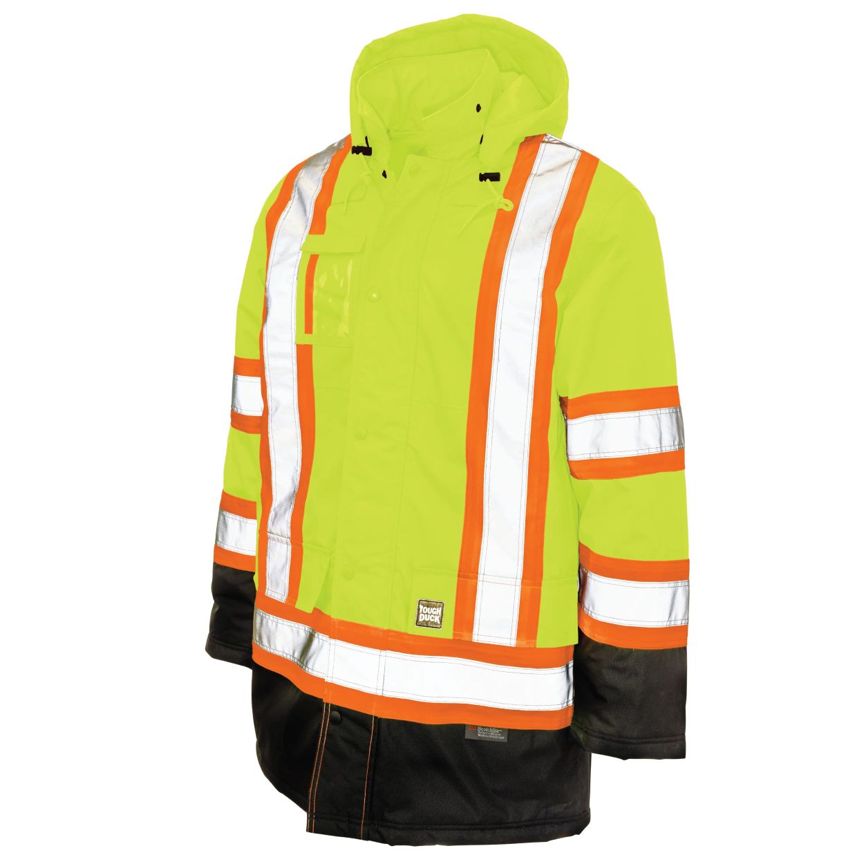 Hi-vis green winter coat on a white background