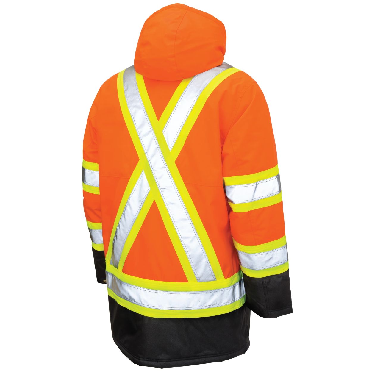 Hi-vis orange winter coat on a white background