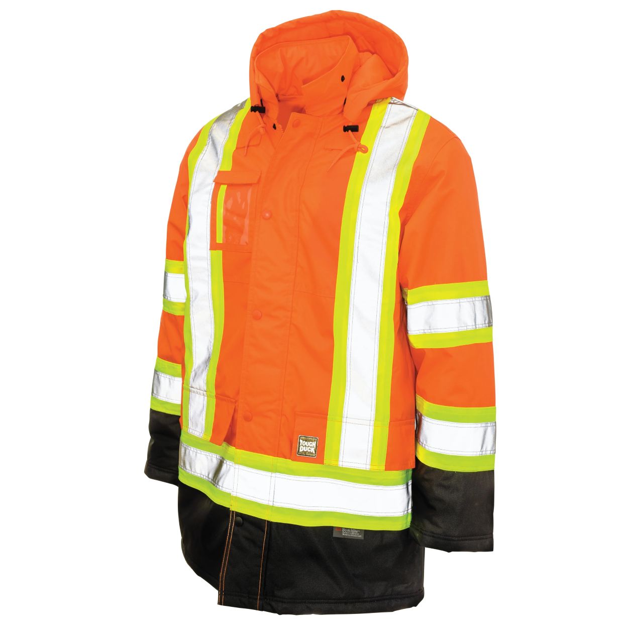 Hi-vis orange winter coat on a white background