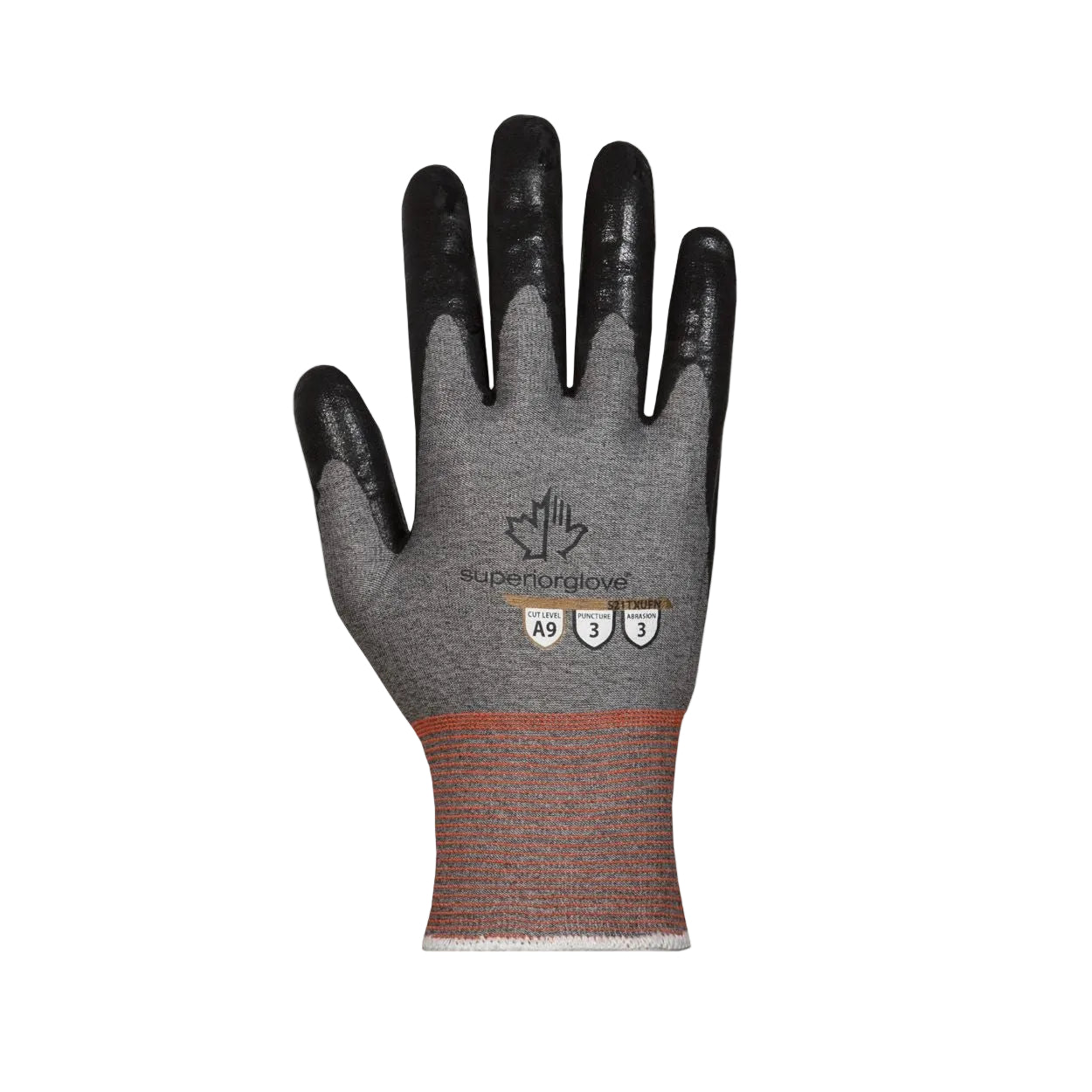 Grey/black safety glove on a white background