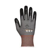 Grey/black safety glove on a white background