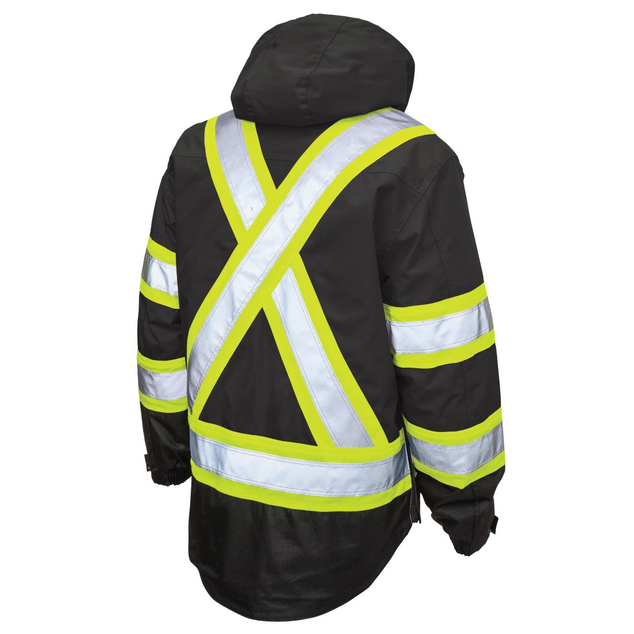 Hi-vis black hybrid coat on a white background