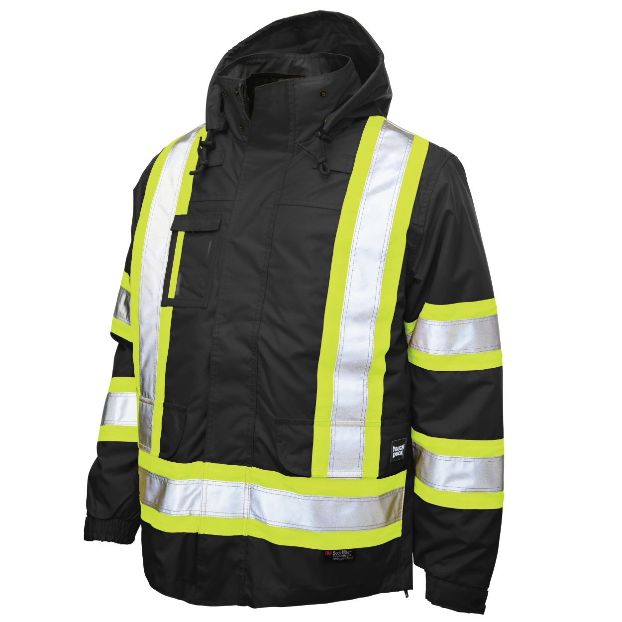 Hi-vis black hybrid coat on a white background