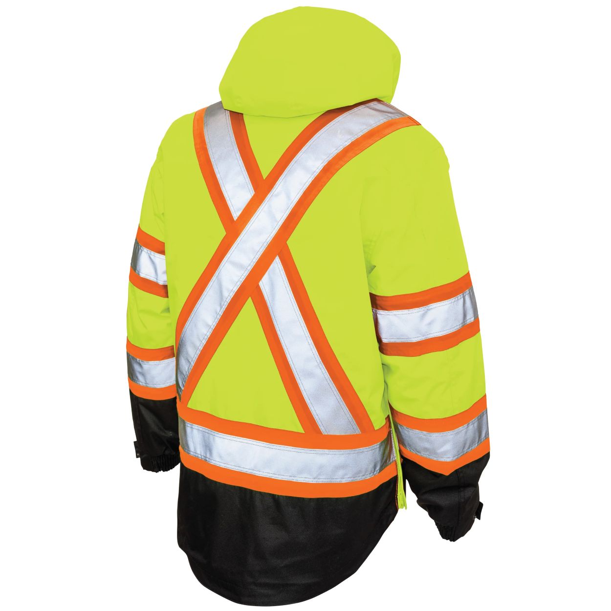 Hi-vis green hybrid coat on a white background