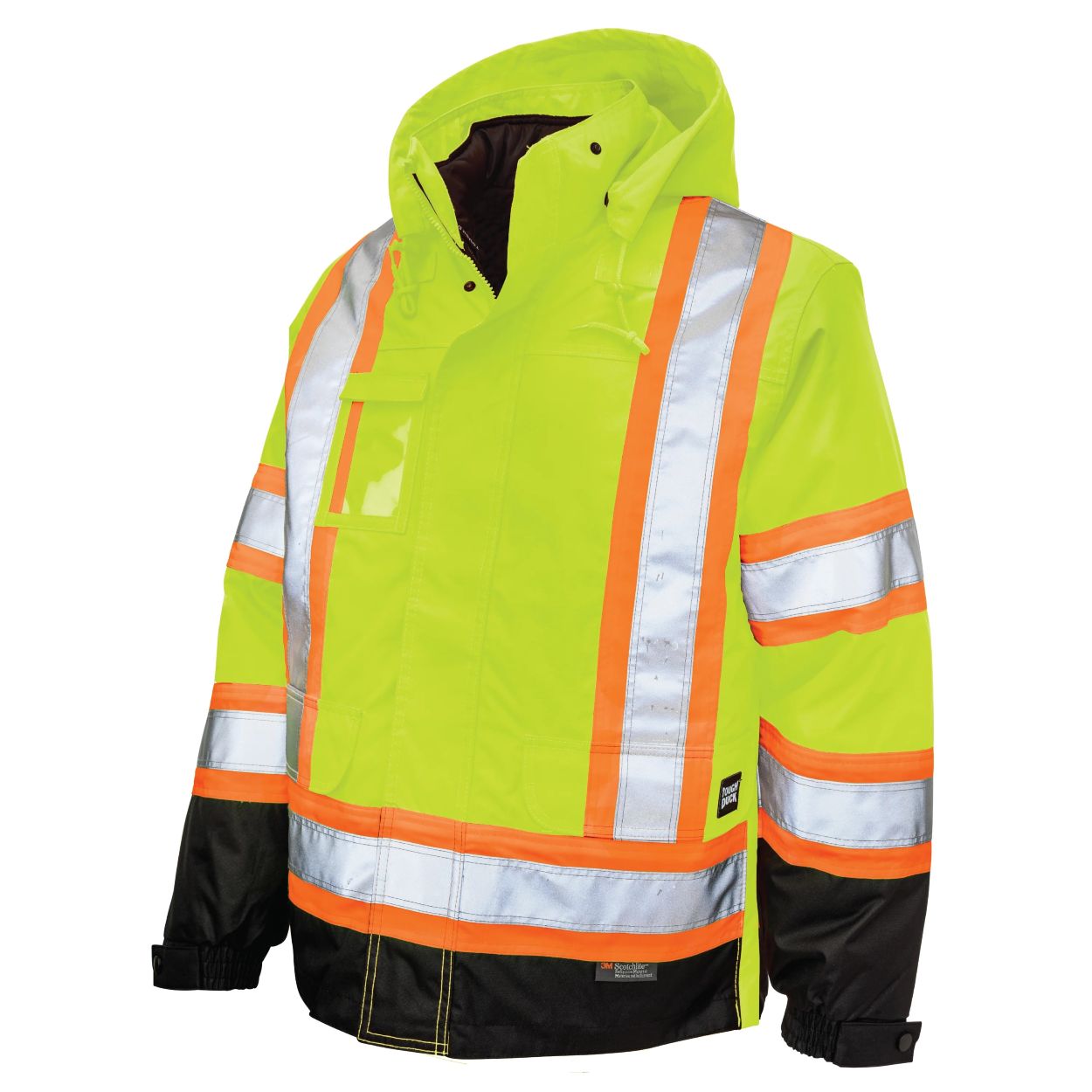 Hi-vis green hybrid coat on a white background
