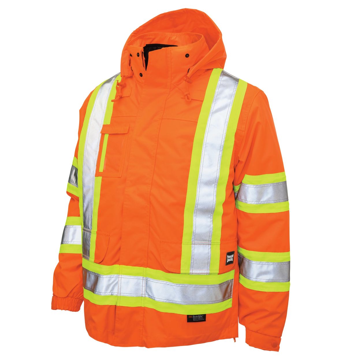 Hi-vis orange hybrid coat on a white background