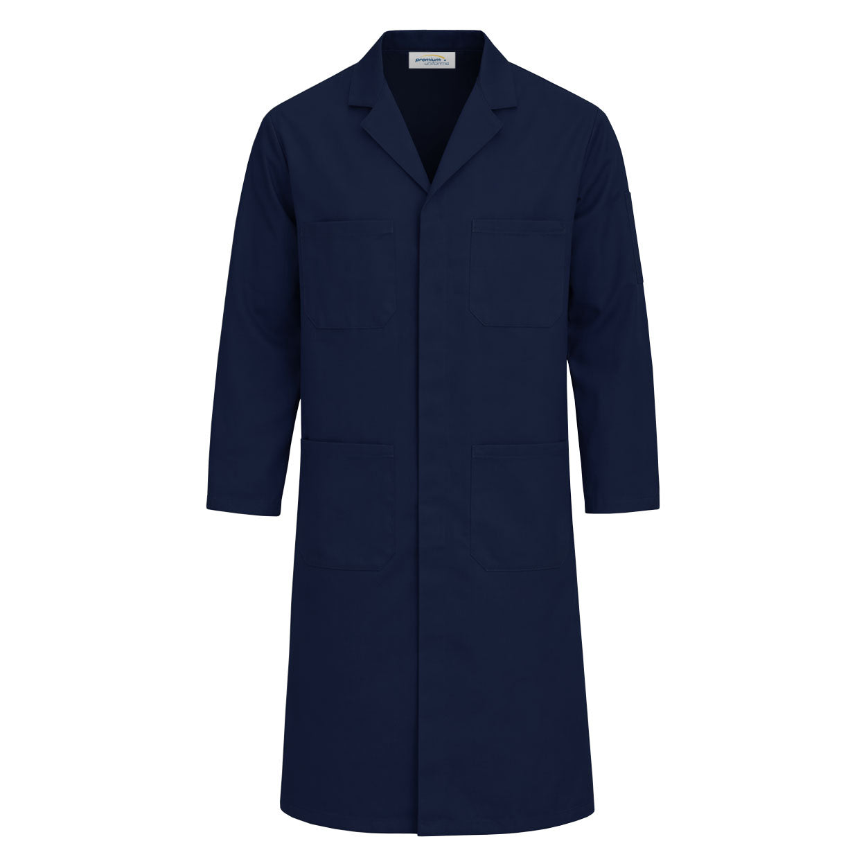 Navy shop coat on white background