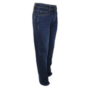 Indigo dark blue jeans on a white background