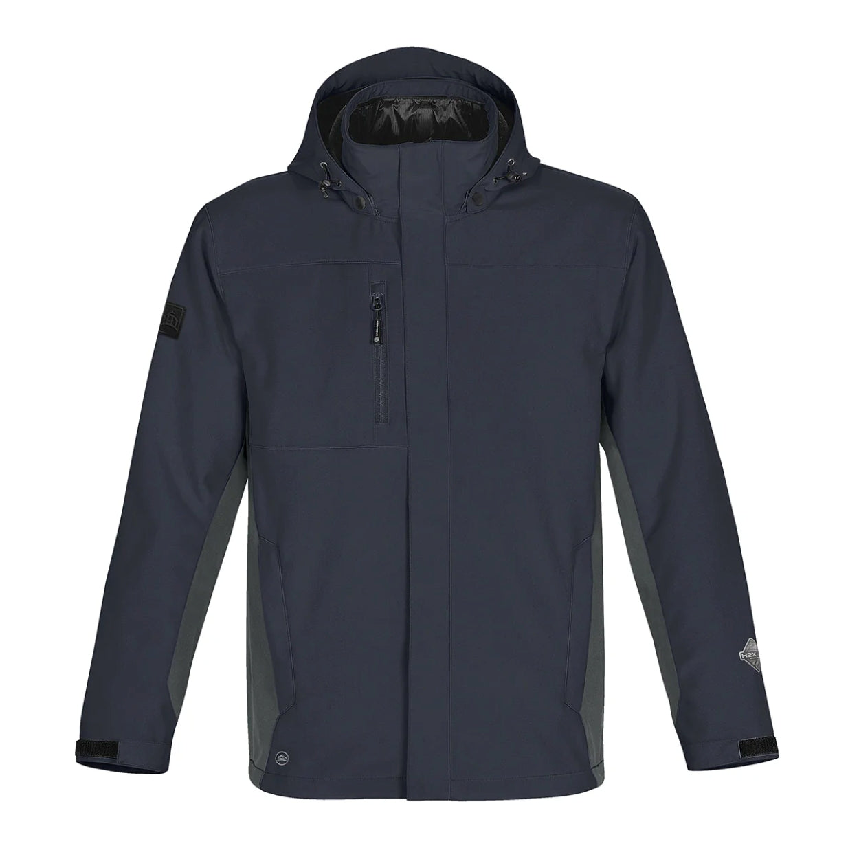 Navy/granite hybrid coat on a white background