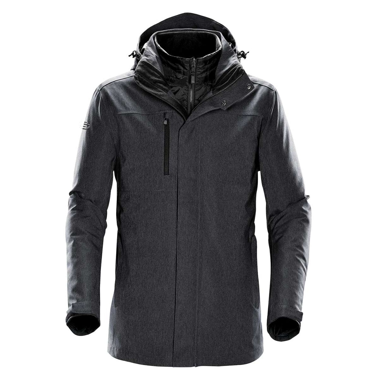 Charcoal twill hybrid coat on a white background